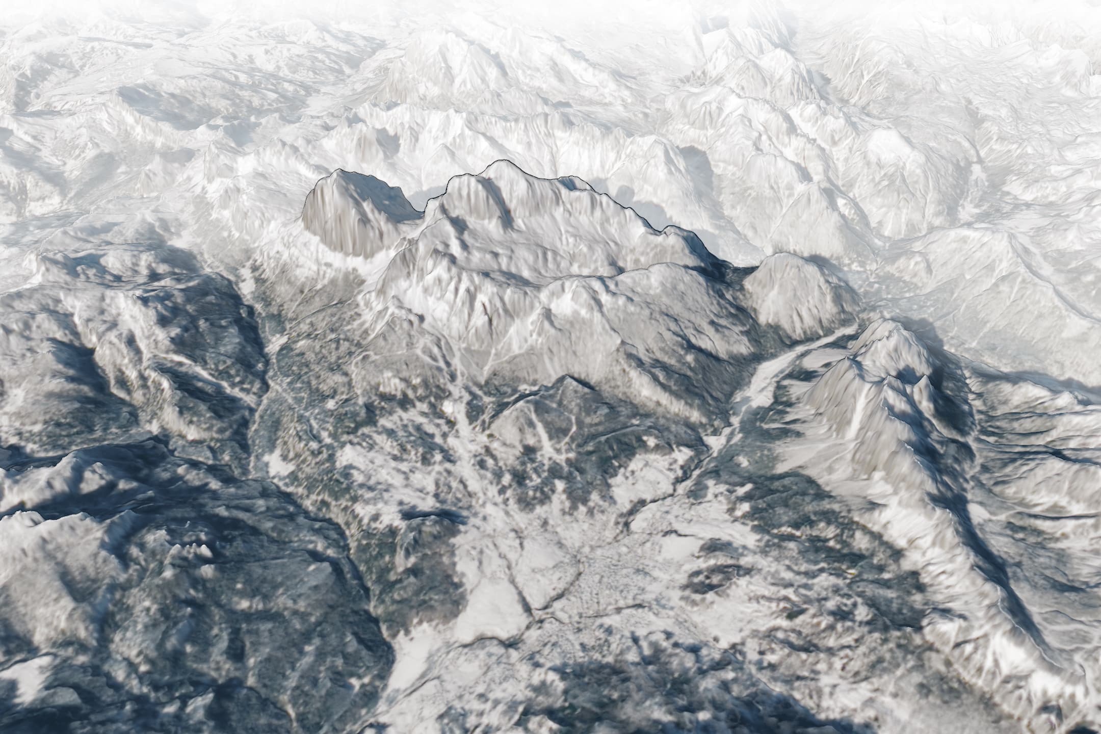 Three-dimensional NASA map of Tofana di Mezzo and Cortina d'Ampezzo in the Dolomites.
